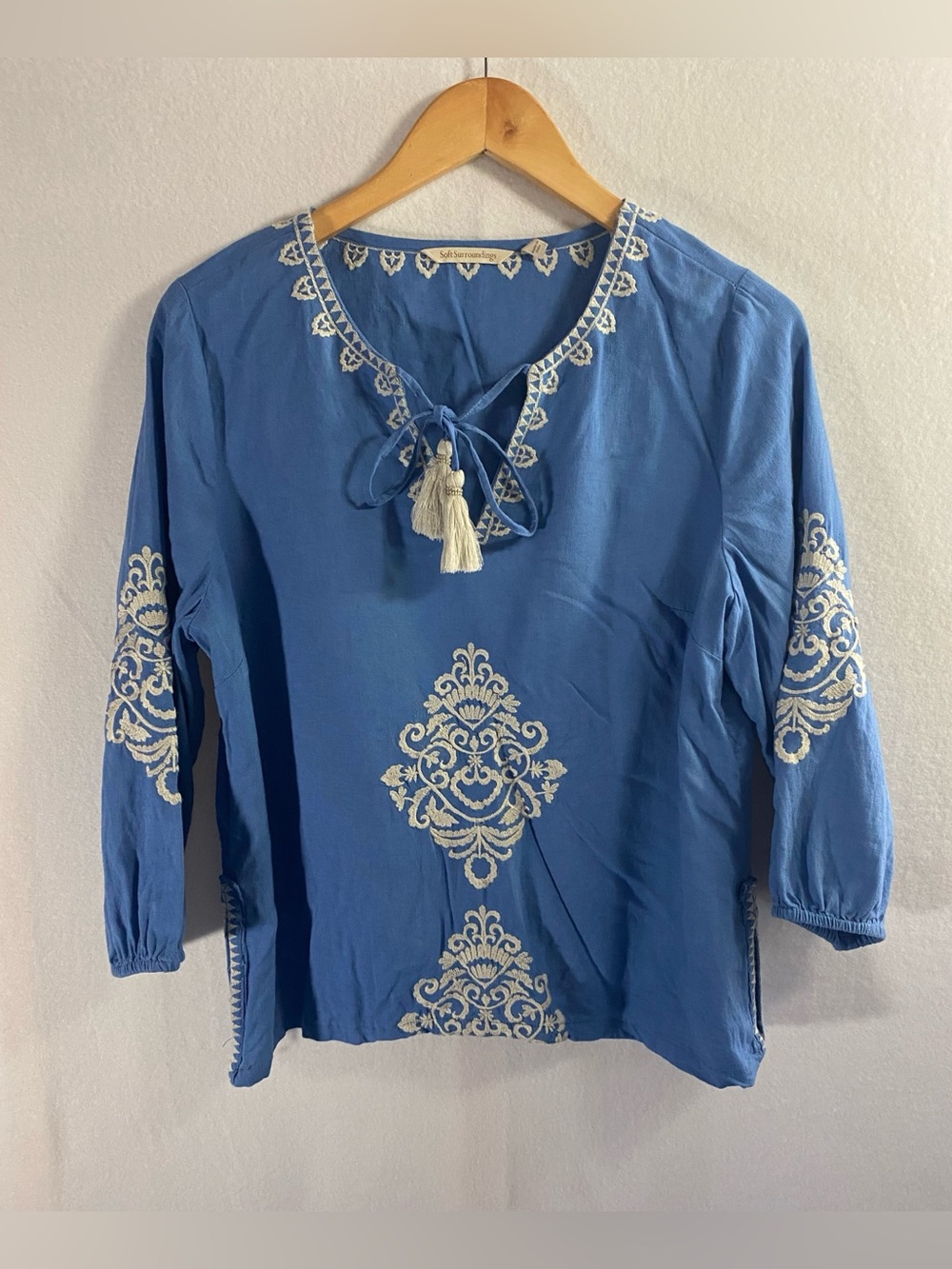 Soft Surroundings Embroidered Tie Tassels Cotton Gauze Tunic Top Blue Size M
